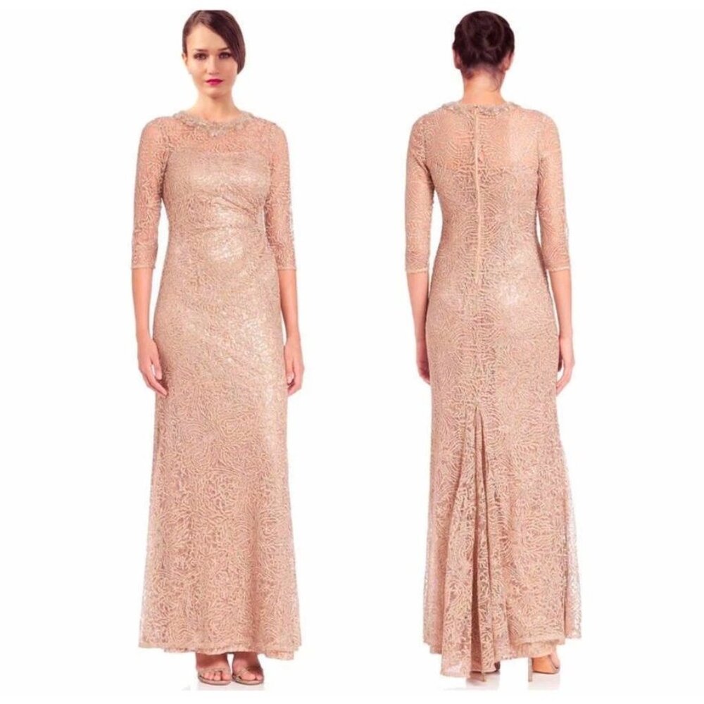 NWT Teri Jon Rickie Freeman Embellished 3/4 Sleeve Lace Gown Sz 8  $740